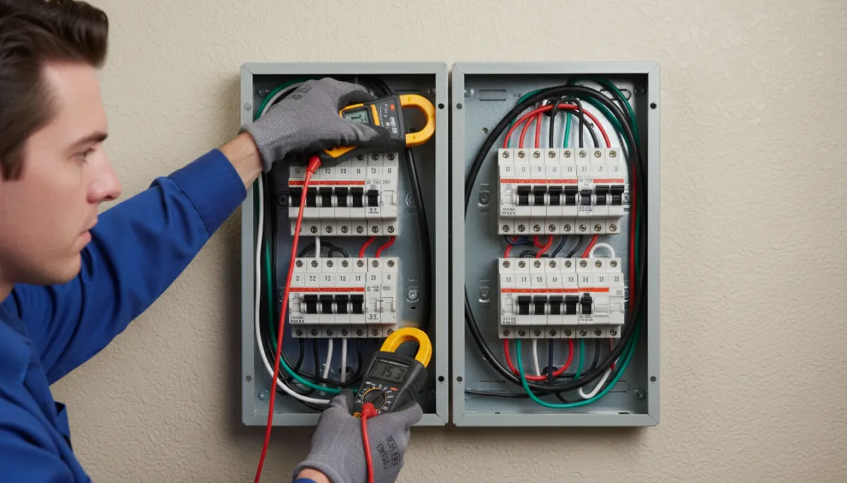 Electrician using a clamp meter to safely diagnose a residential circuit