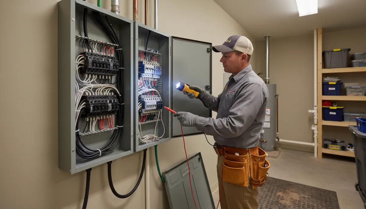 Electrician carefully inspecting a residential breaker panel for safety issues