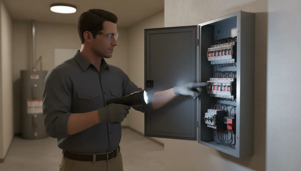 Electrician inspecting a residential breaker panel with a flashlight