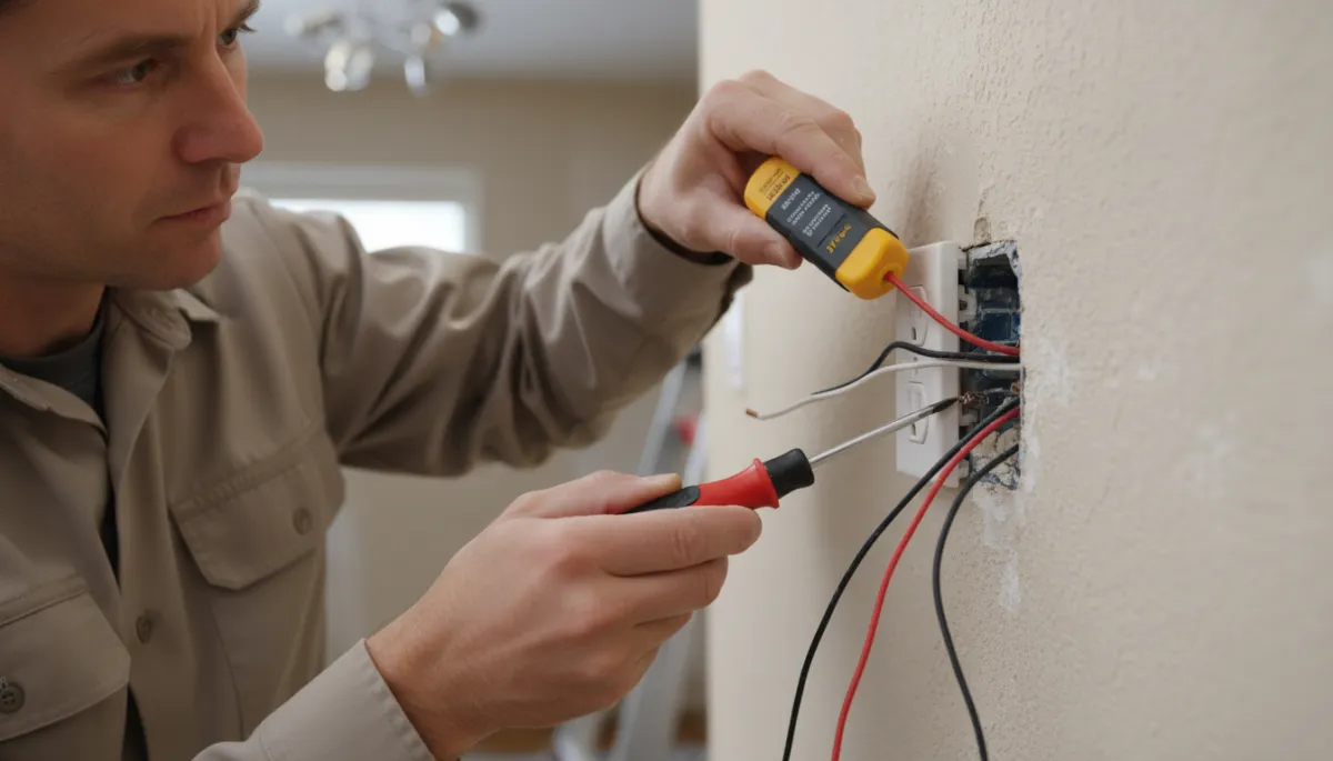 Licensed electrician checking loose wiring at a residential outlet in North Mississippi