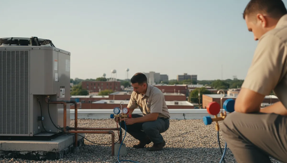 Technician checking a rooftop walk-in cooler condensing unit in Mississippi summer heat