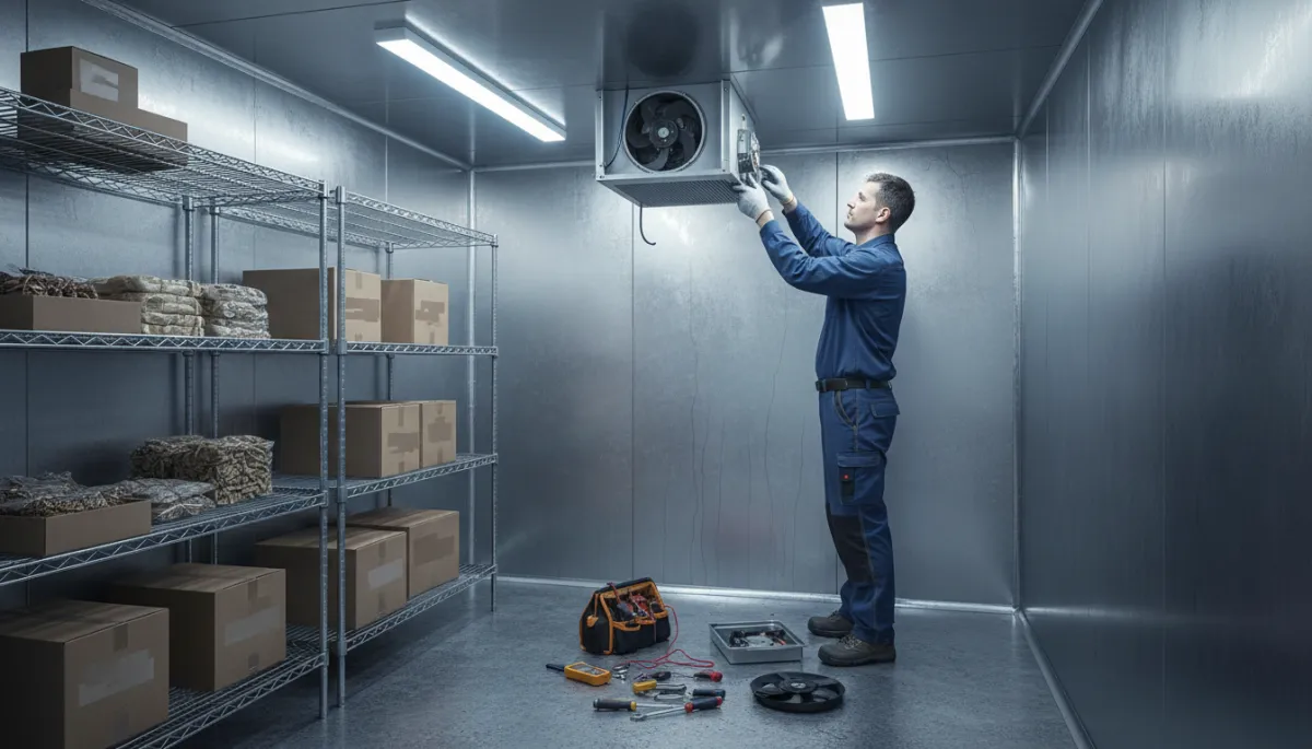 Technician replacing an evaporator fan motor inside a walk-in cooler