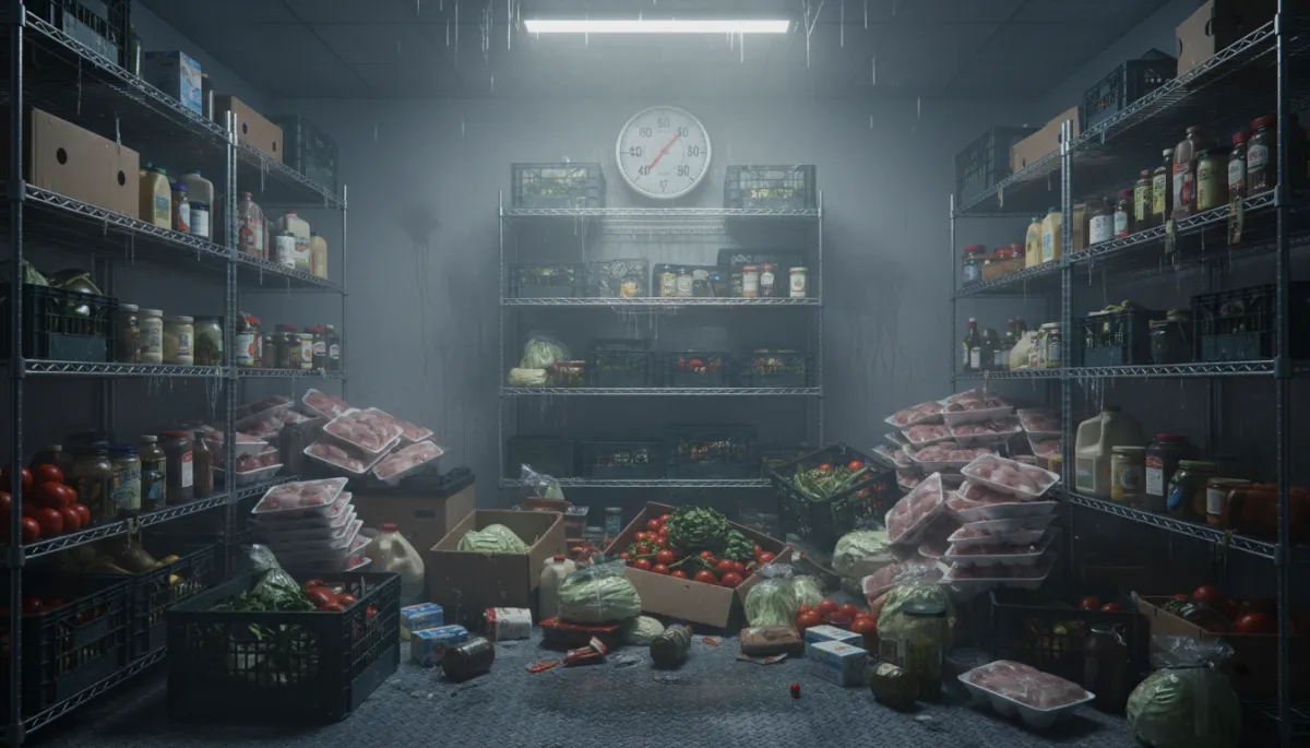 Interior of a walk-in cooler showing a high temperature reading during a failure