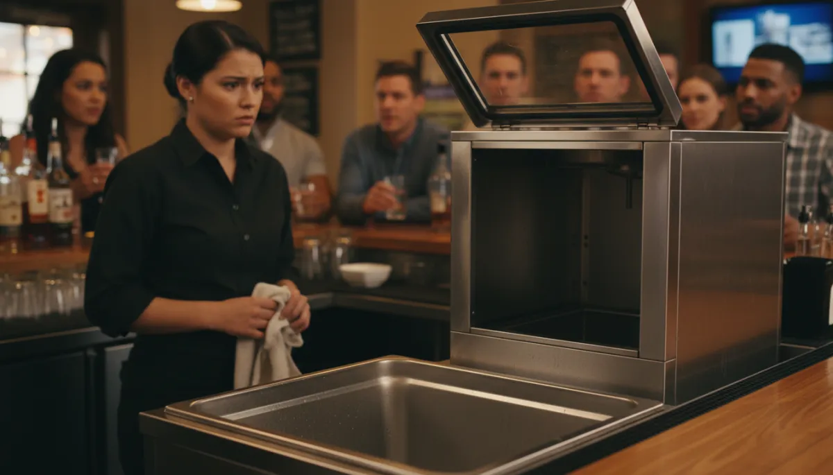 Empty ice bin at a busy restaurant bar during summer rush