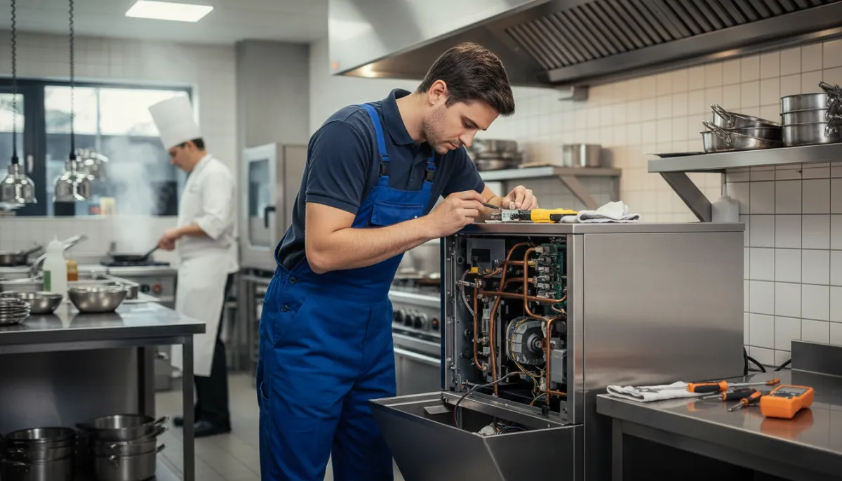 Technician servicing a Manitowoc commercial ice machine in a restaurant kitchen