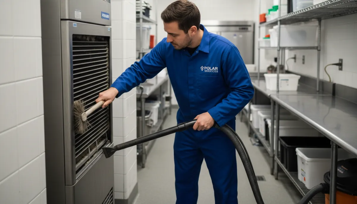 Technician cleaning condenser coils on a commercial ice machine