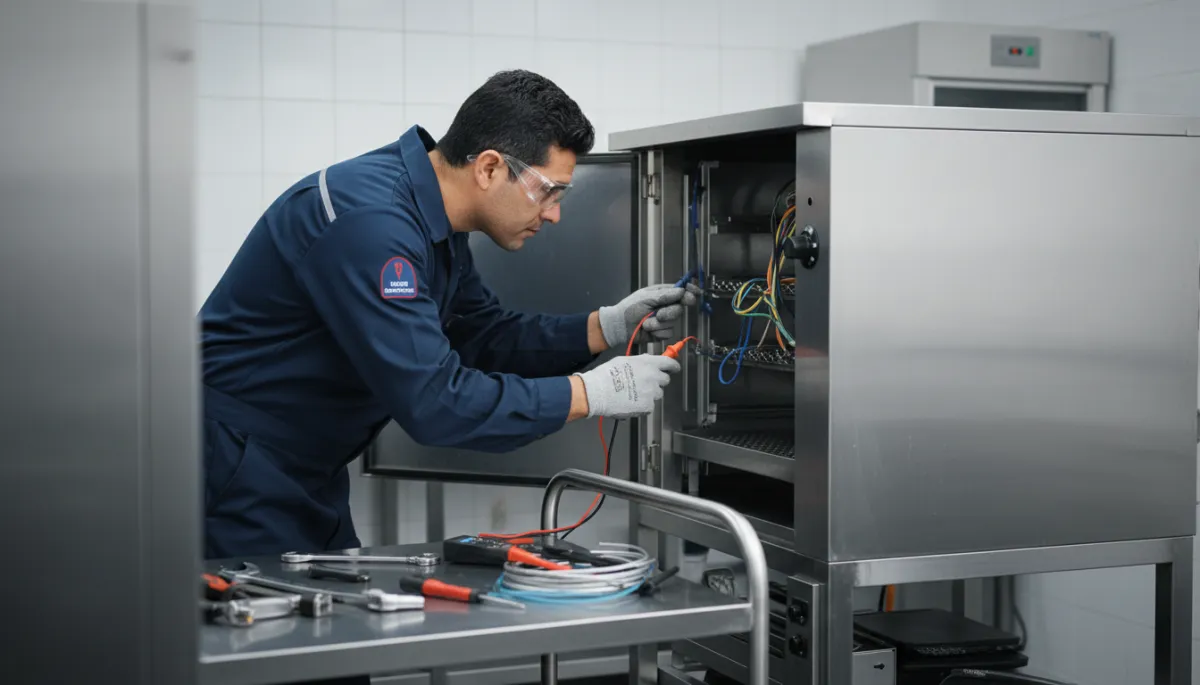 Technician inspecting a commercial rotisserie oven in a deli kitchen