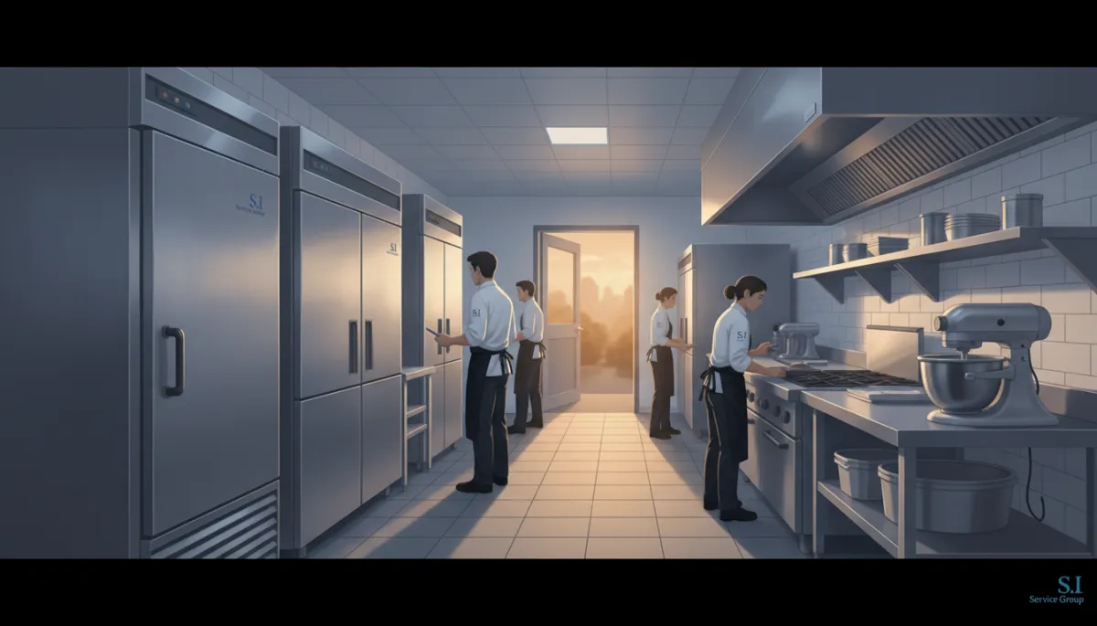 Wide shot of a clean commercial kitchen in a Tupelo, Mississippi restaurant, showing a stainless-steel walk-in cooler door and reach-in refrigeration units along the wall, subtle branding on staff shirts reading S.I. Service Group, warm evening light from a back door
