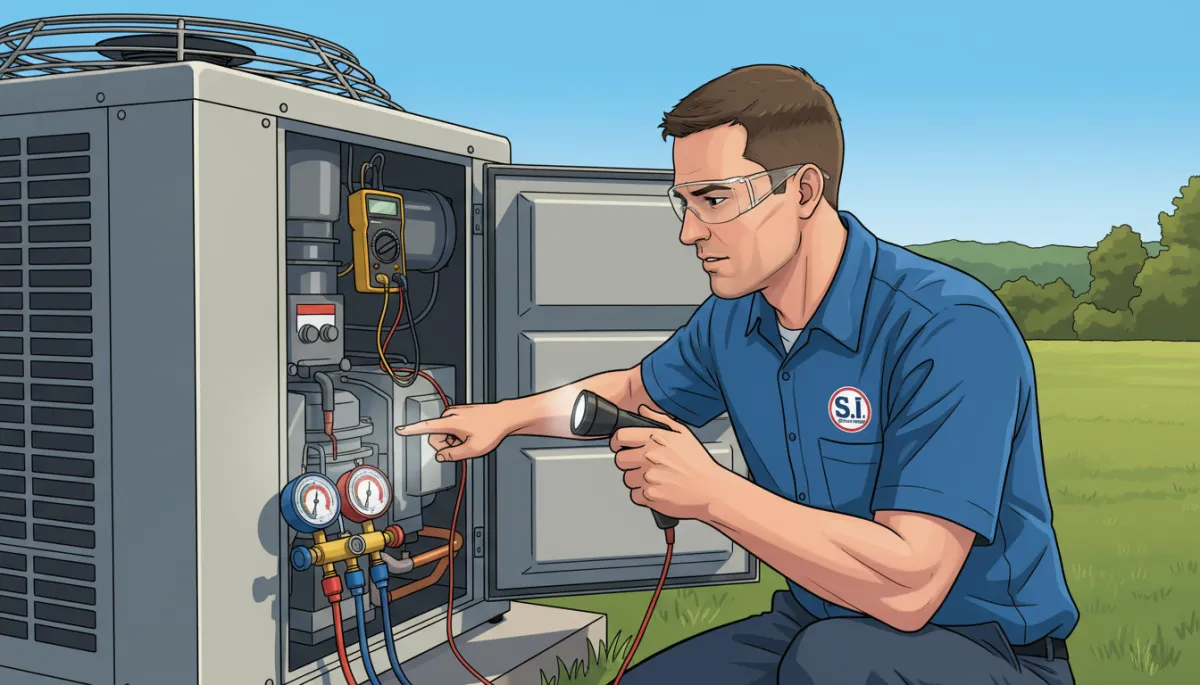 Close-up of a commercial refrigeration technician in North Mississippi wearing a branded S.I. Service Group shirt, kneeling beside an outdoor condenser unit, multimeter and gauges attached, technician inspecting compressor and condenser fan under bright daylight