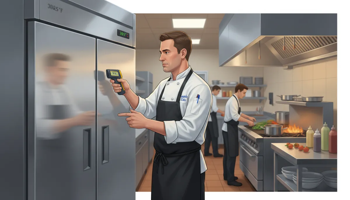 Restaurant manager in a Tupelo, MS kitchen standing in front of a stainless steel reach-in refrigerator, holding an infrared thermometer and checking a digital temperature display, focused expression, busy kitchen staff blurred in background