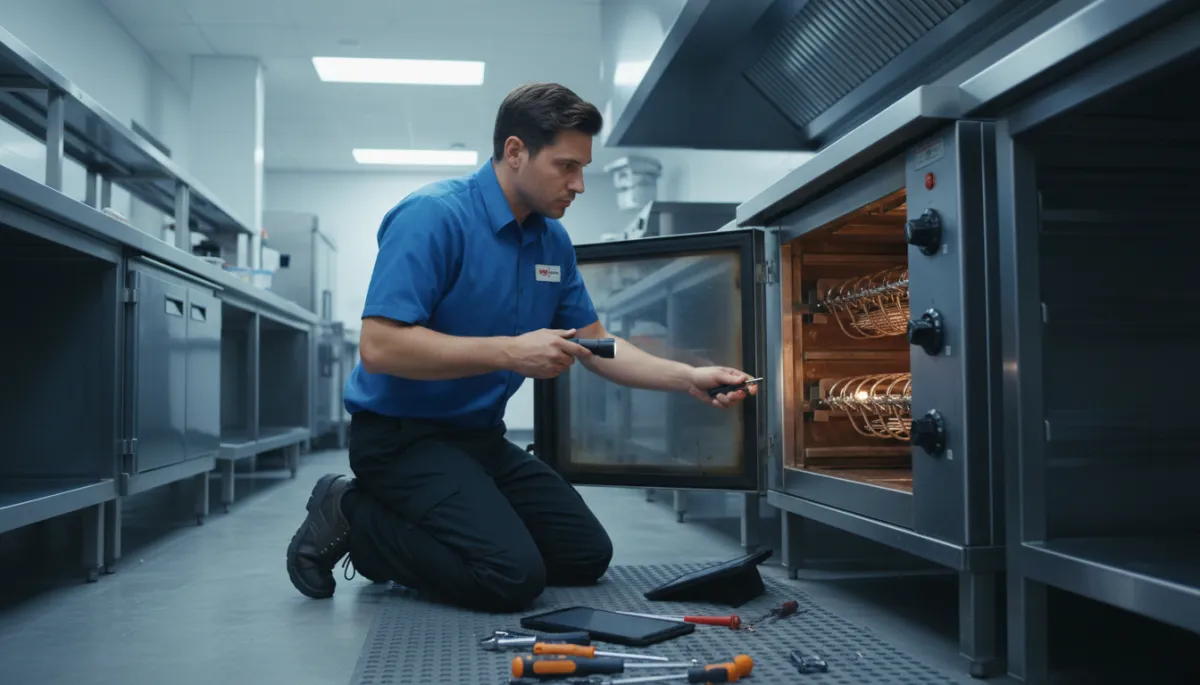 Photorealistic close-up of a food service technician in uniform kneeling beside an open commercial rotisserie oven, inspecting the heating elements and burner assembly with tools on the floor in a stainless steel deli kitchen