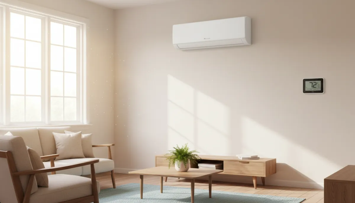 Photorealistic ductless mini-split wall-mounted air handler installed high on a light-colored living room wall in a North Mississippi home, sunlight through windows, simple furniture, thermostat visible nearby
