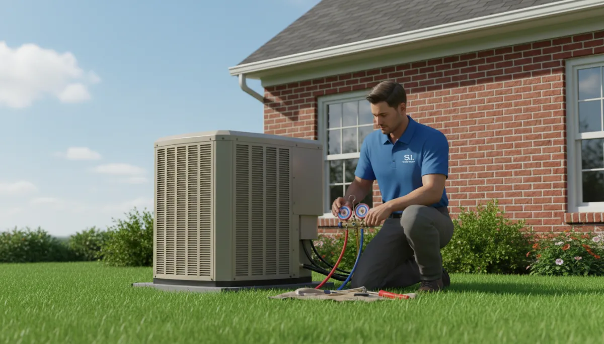 Photorealistic HVAC technician in S.I. Service Group uniform kneeling beside an outdoor heat pump unit next to a brick Tupelo home, using gauges and tools, bright summer daylight, green grass and shrubs