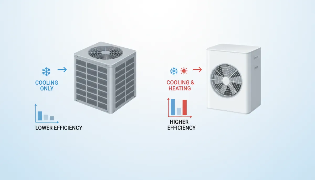 Side-by-side photorealistic comparison showing a traditional central AC condenser on one side and a modern heat pump unit on the other, labeled callouts for efficiency and heating capability, clean white background
