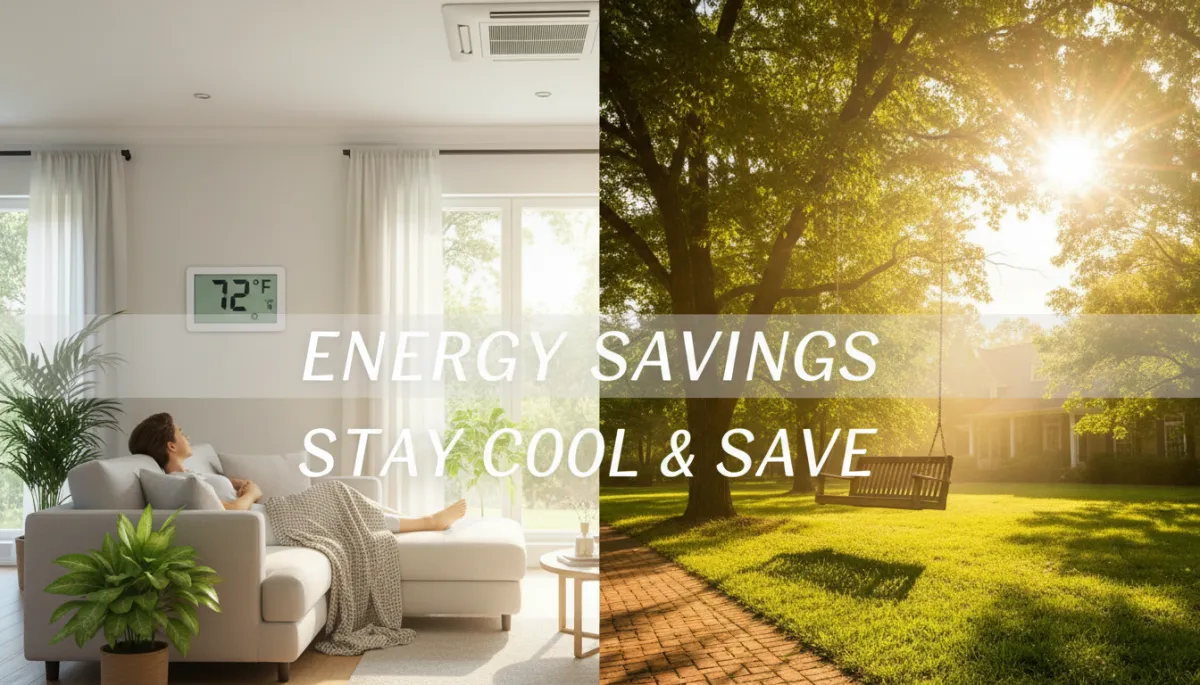 Photorealistic split-view of a North Mississippi home showing indoor comfort on a hot sunny day, thermostat reading 72°F, outdoor scene with bright sun and lush greenery, subtle overlay text about energy savings
