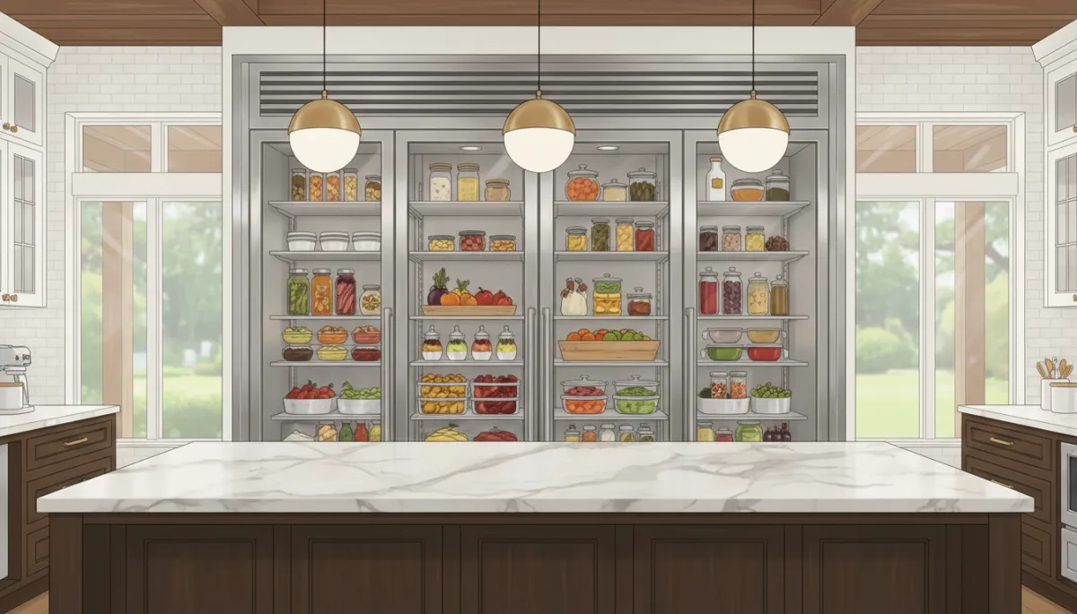 High-end stainless steel commercial refrigerator with glass doors built into a bright, modern Tupelo home kitchen, large island, pendant lights, and stocked shelves
