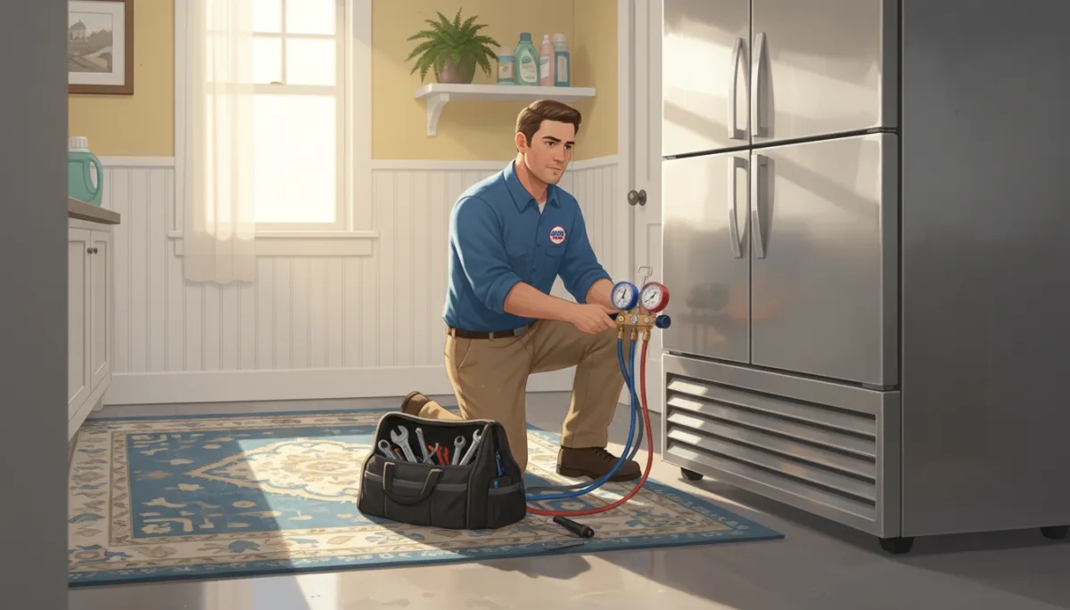 Commercial refrigeration technician in branded uniform servicing a stainless steel reach-in refrigerator in a bright Southern-style home utility room, tool bag open, gauges connected