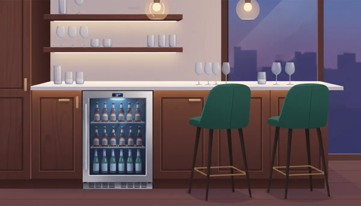 Undercounter stainless steel commercial beverage cooler built into a stylish residential bar with barstools, glassware, and soft evening lighting