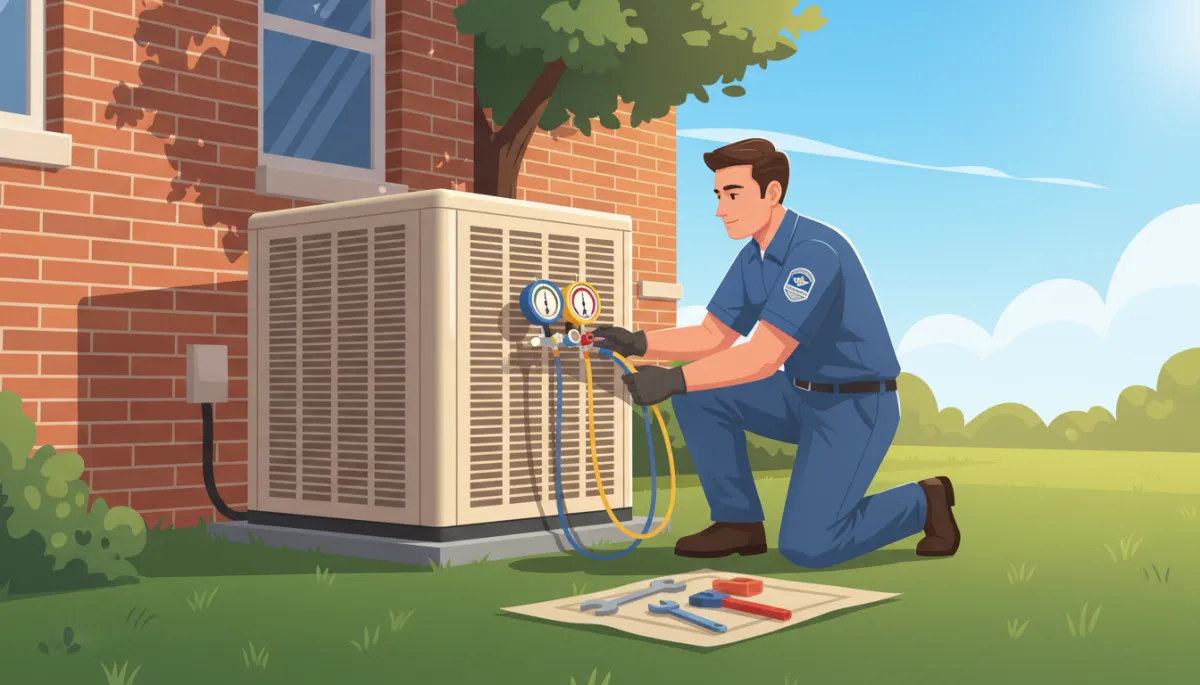 HVAC technician performing a summer tune-up on a central air conditioning condenser unit outside a brick Mississippi home, bright afternoon sun, green yard, technician using gauges and tools at the side of the unit