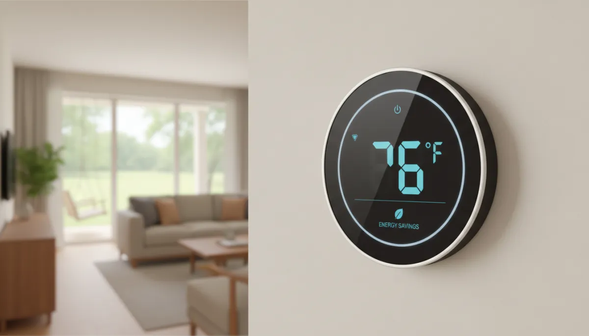 Close-up of a smart thermostat on a light-colored wall inside a modern Mississippi home, screen showing 76°F cooling setpoint and energy savings mode, blurred living room in background