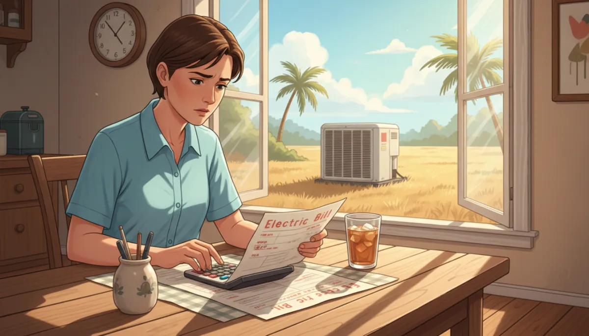 Homeowner at a kitchen table in a North Mississippi home reviewing a high electric bill with a calculator, central AC condenser visible through window in the background on a hot sunny day