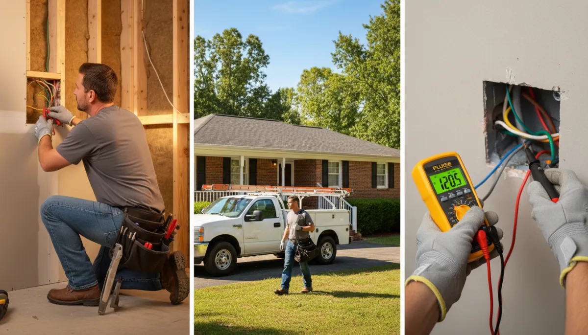 Electrician inspecting a residential breaker panel in North Mississippi