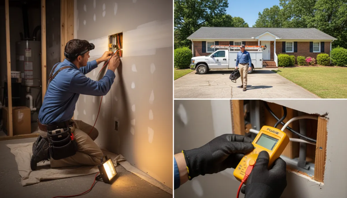 realistic licensed electrician in North Mississippi home utility room inspecting a two-column USA residential breaker panel with the door open, neutral color palette, focused expression, flashlight in hand, Square D style panel clearly visible