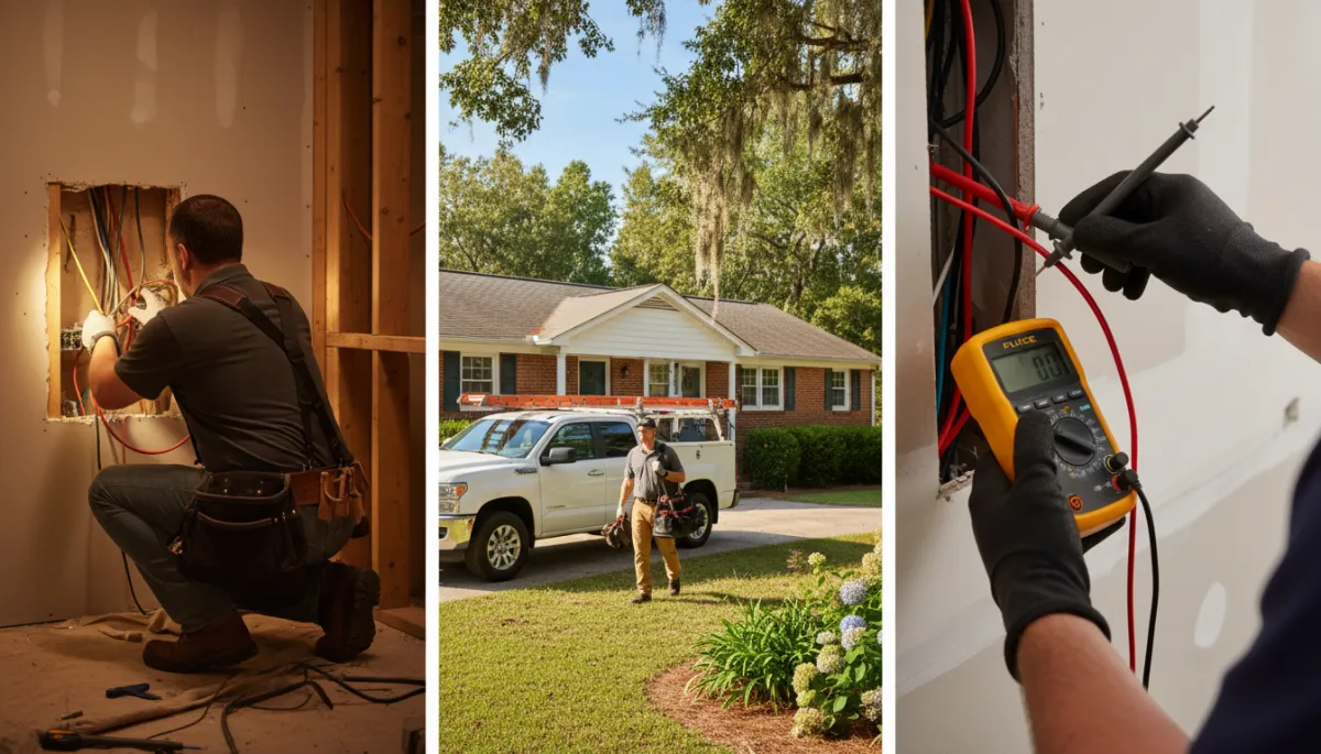 North American electrician in Tupelo MS standing at a beige residential breaker panel using a clamp meter around a circuit conductor, wearing safety glasses and work gloves, interior of a typical Southern home utility room