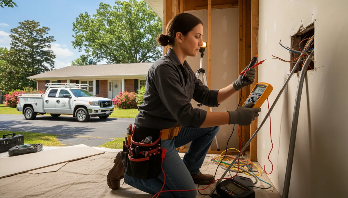 Licensed North American electrician in Tupelo MS kneeling at a standard two-column residential breaker panel with the deadfront removed, one breaker clearly in the tripped middle position, wearing PPE and using a flashlight