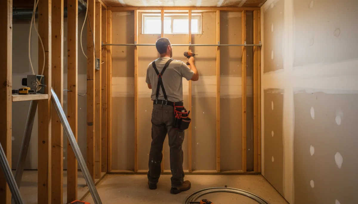 Licensed North American electrician in uniform installing a new 200-amp main breaker panel in the utility area of an older Mississippi brick home, tidy work area, daylight through nearby window
