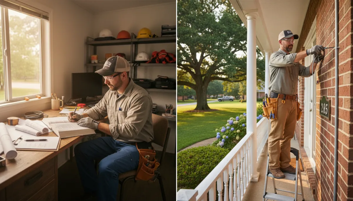 photorealistic neutral-toned scene of a licensed electrician in workwear reviewing a 2023 NEC code book on a clipboard at a residential job site in Tupelo MS, with an open electrical panel in the background and soft natural light