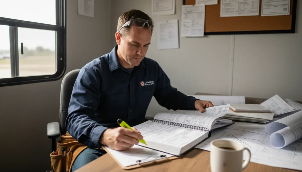 Photorealistic electrician in branded workwear using a digital multimeter and checklist to verify residential wiring code compliance in a Mississippi home, open North American style junction box and cables visible
