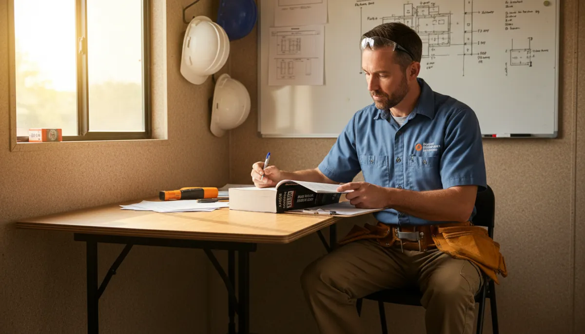 Photorealistic North American residential job site in Mississippi with an electrician in safety gear reviewing wiring diagrams and NEC code notes next to open wall framing and junction boxes