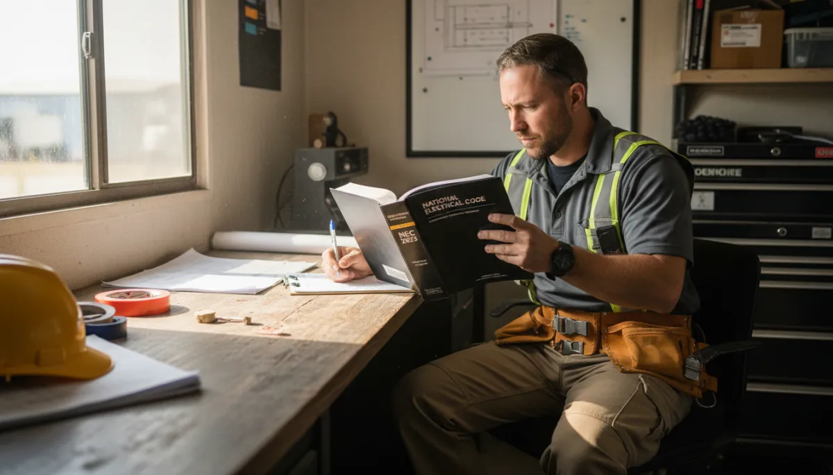 Photorealistic scene of a licensed North American electrician in workwear reviewing a 2023 NEC codebook and printed electrical code documents beside an open residential breaker panel in a Mississippi home, neutral indoor lighting