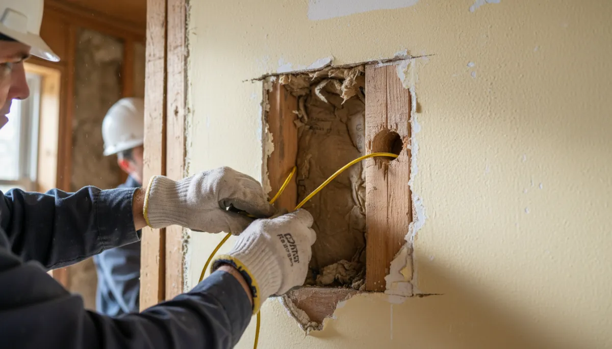 photorealistic wide shot of a licensed electrician in clean uniform inspecting wiring in the attic of a charming older Southern home in Tupelo, neutral color palette, soft natural light, focus on safety and professionalism
