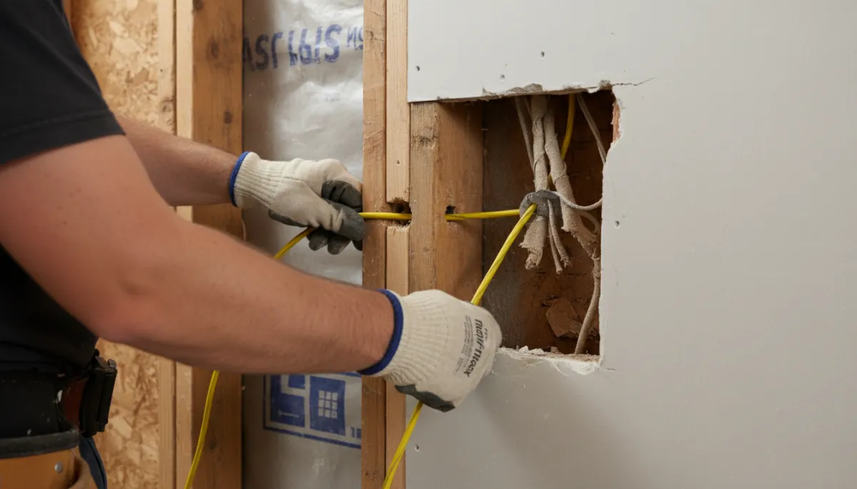 Close-up of old knob-and-tube and aluminum wiring in an attic