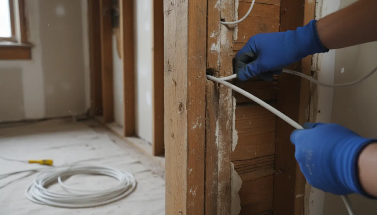 Licensed North American electrician in branded uniform carefully pulling new copper electrical cable through an open wall cavity in a mid-century Mississippi home, with existing plaster partially removed and a clean, organized work area with ladders and tools visible