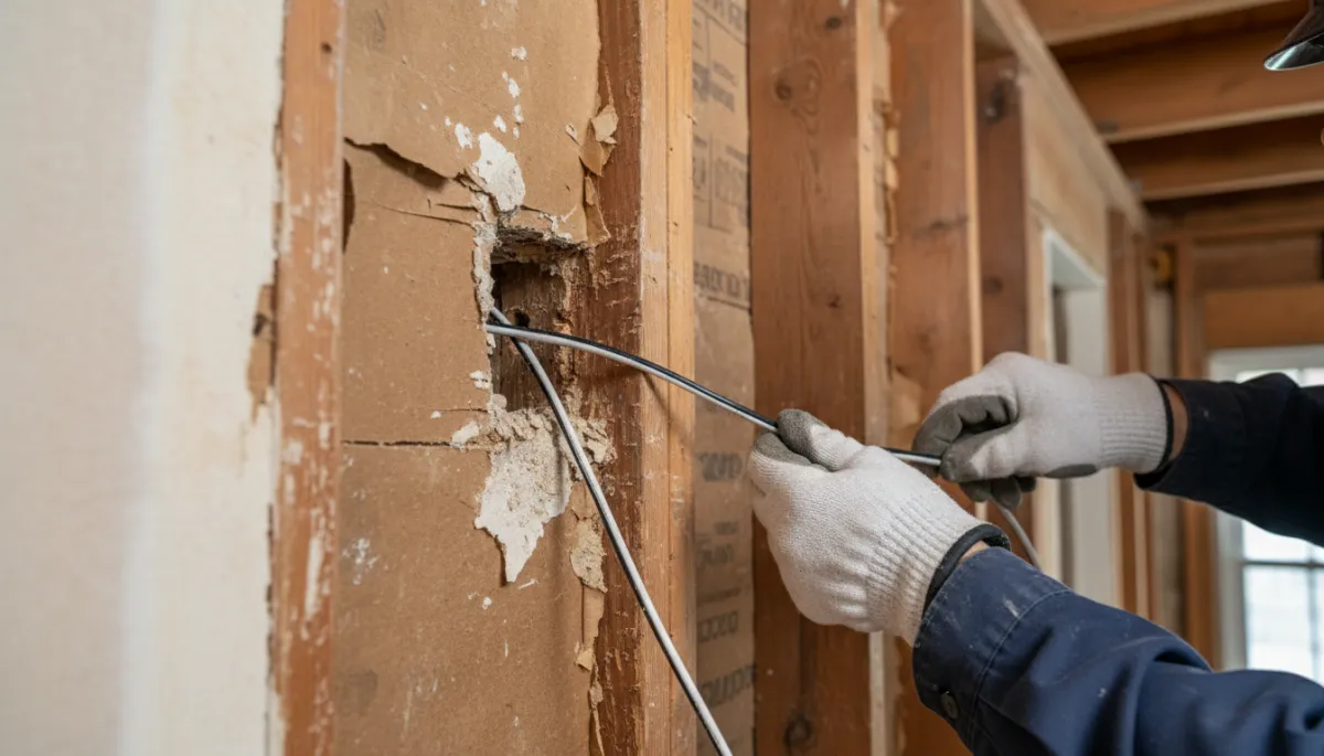 Licensed U.S. electrician in safety glasses and work gloves running flexible metal conduit and fishing new copper wire through the attic of an older Southern home, with insulation and roof trusses visible and organized tools nearby