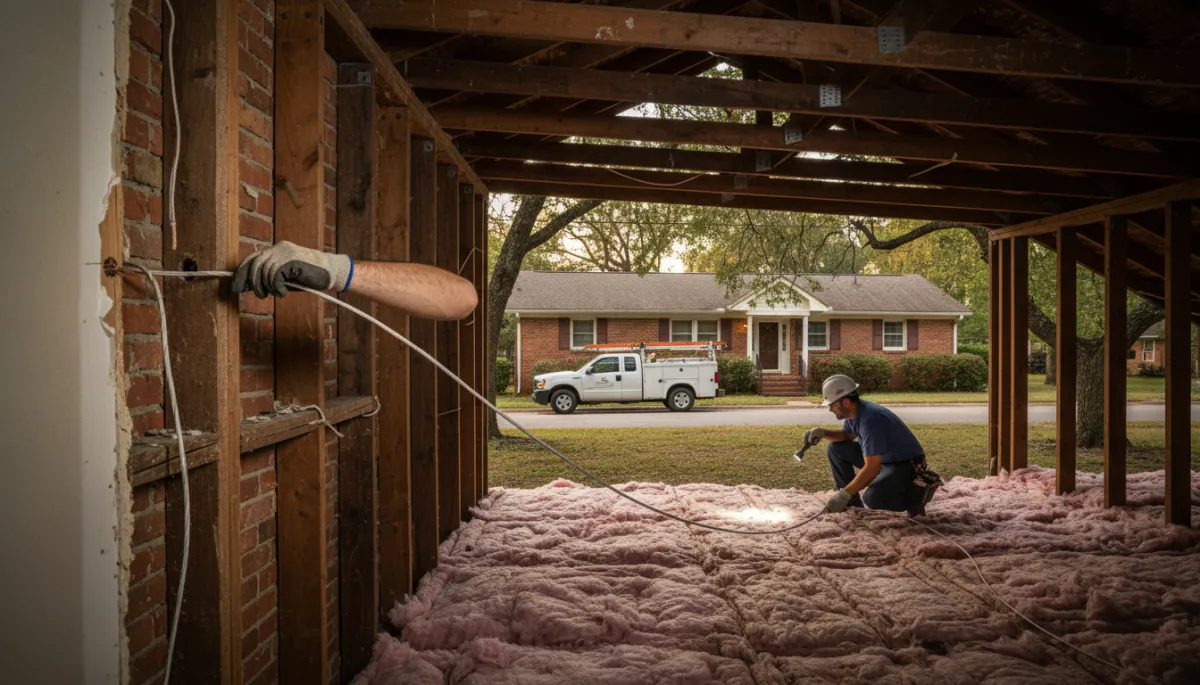 Electrician inspecting wiring inside the wall of an older North Mississippi home
