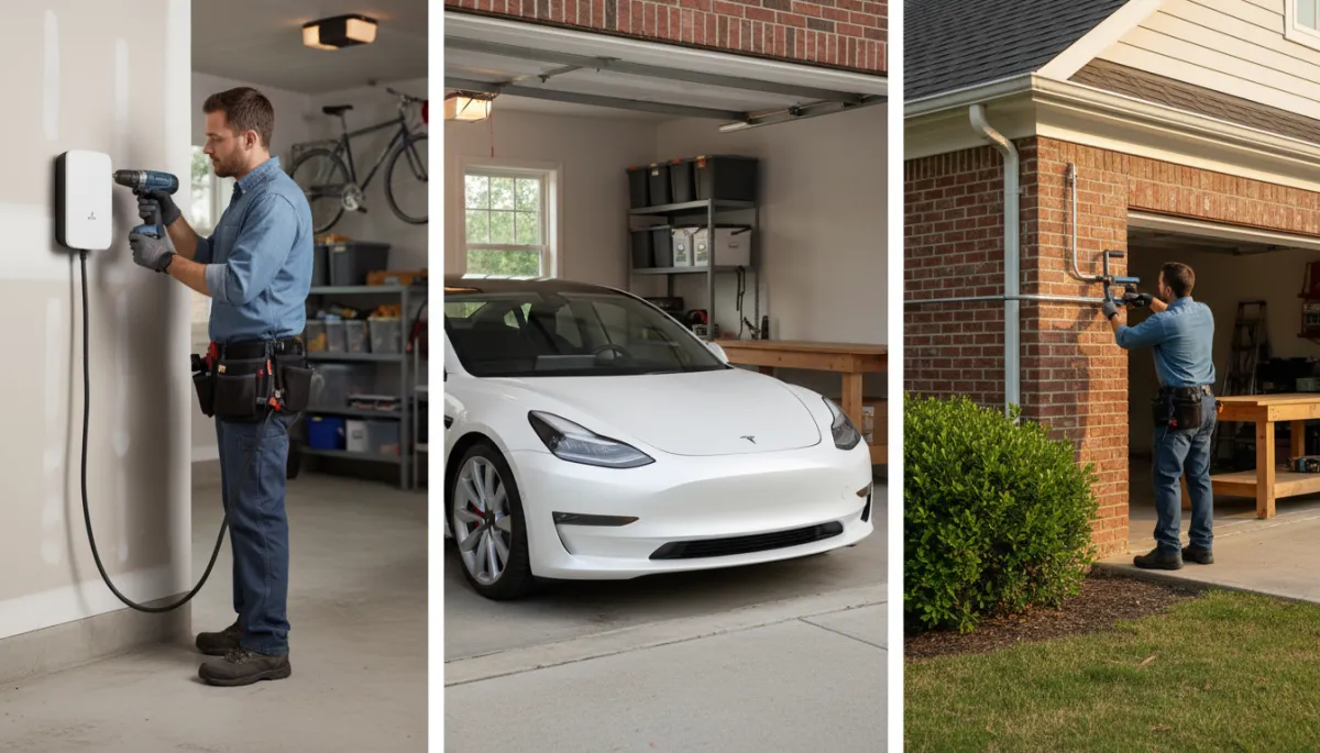 photorealistic neutral-tone evening scene of a single-family home in a North Mississippi-style neighborhood, electric vehicle parked in driveway connected to a wall-mounted Level 2 charger in the garage, warm porch lights on, subtle city in background
