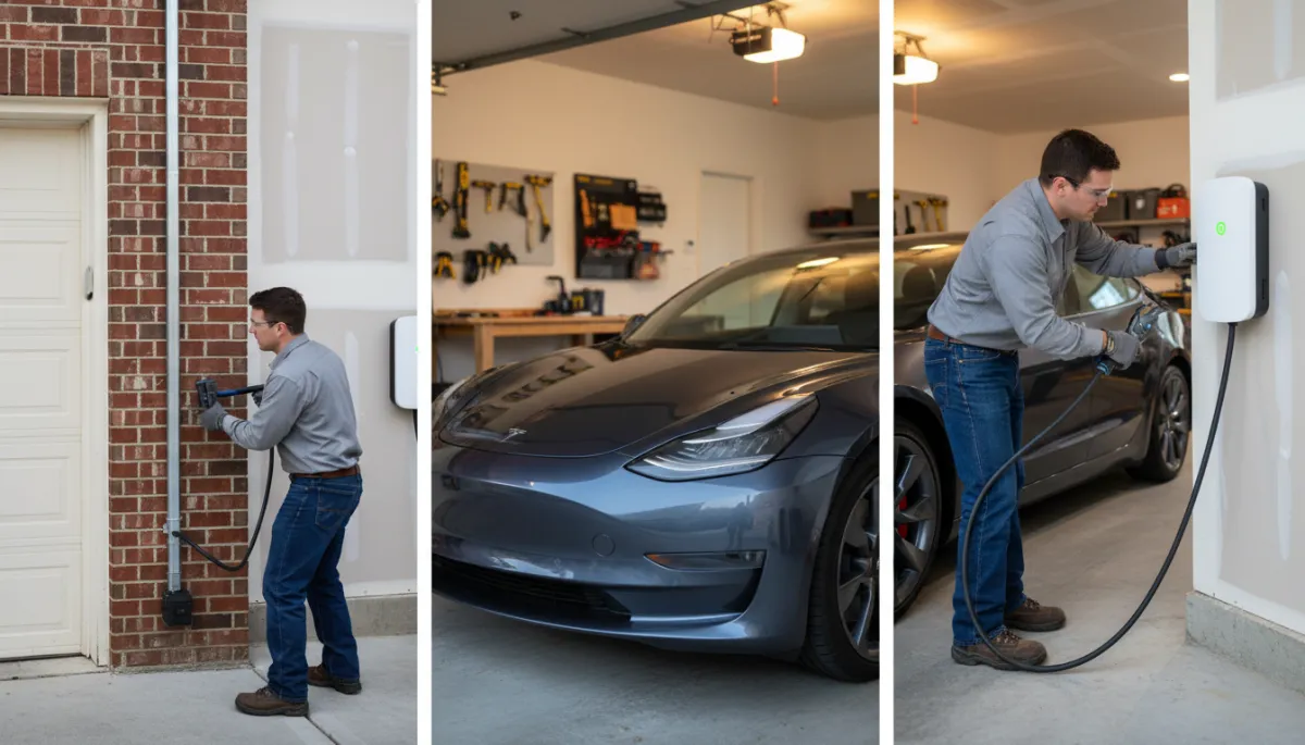 Photorealistic scene of a licensed North American electrician in branded work shirt installing a wall-mounted Level 2 EV charger in a clean residential garage in the American South, white drywall, standard breaker panel visible, late afternoon light