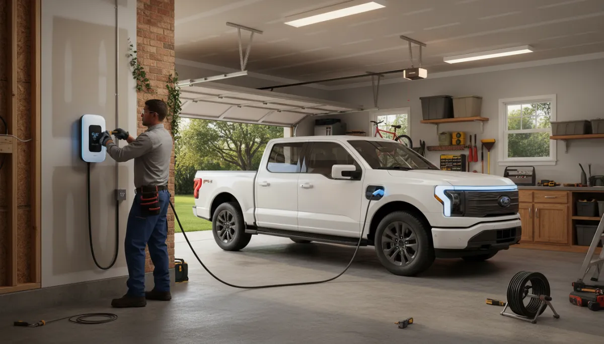 Photorealistic North American electric vehicle plugged into a wall-mounted Level 2 home charging station in a Mississippi-style residential garage, concrete floor, standard overhead door, tidy storage shelves, evening lighting