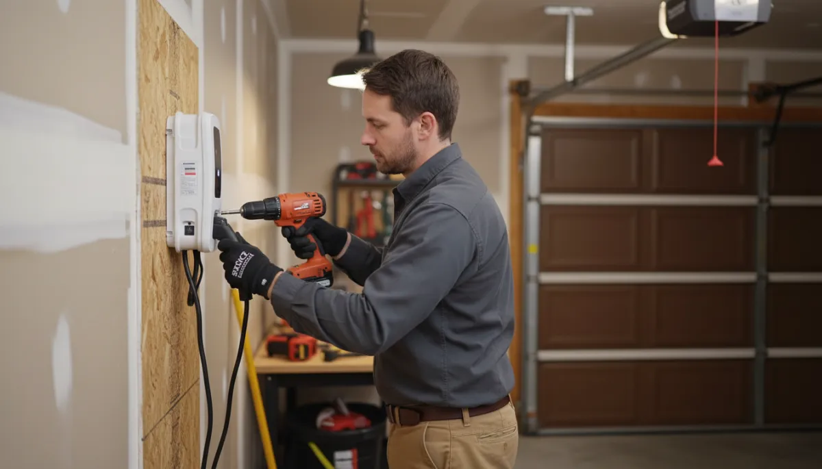 Close-up of a Level 2 EV charger mounted on a garage wall