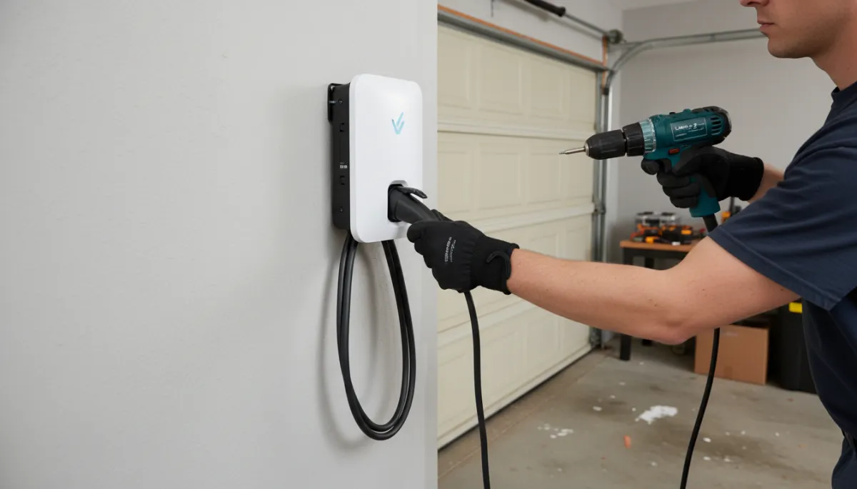 Photorealistic close-up of a North American electrician running gray electrical conduit from a standard indoor breaker panel along a garage wall toward a future EV charger location, labeled breakers and copper conductors visible