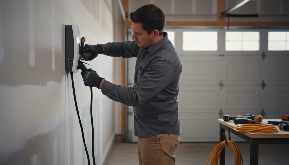 Photorealistic wide shot of a North Mississippi-style single-family home garage interior with a late-model electric vehicle parked, Level 2 charger on wall, and a North American electrician reviewing the installation with the homeowner, both looking at the charger display