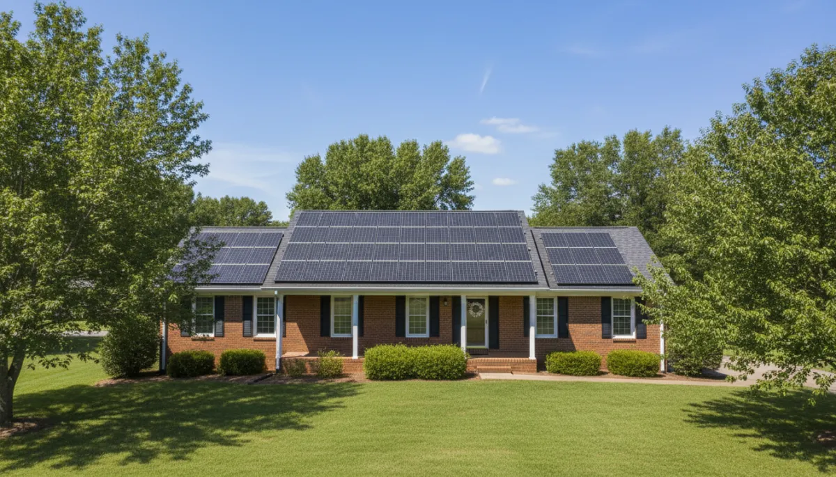 Single-story brick home in North Mississippi with dark blue solar panels on a shingle roof under a clear blue sky, green lawn and trees, quiet residential street