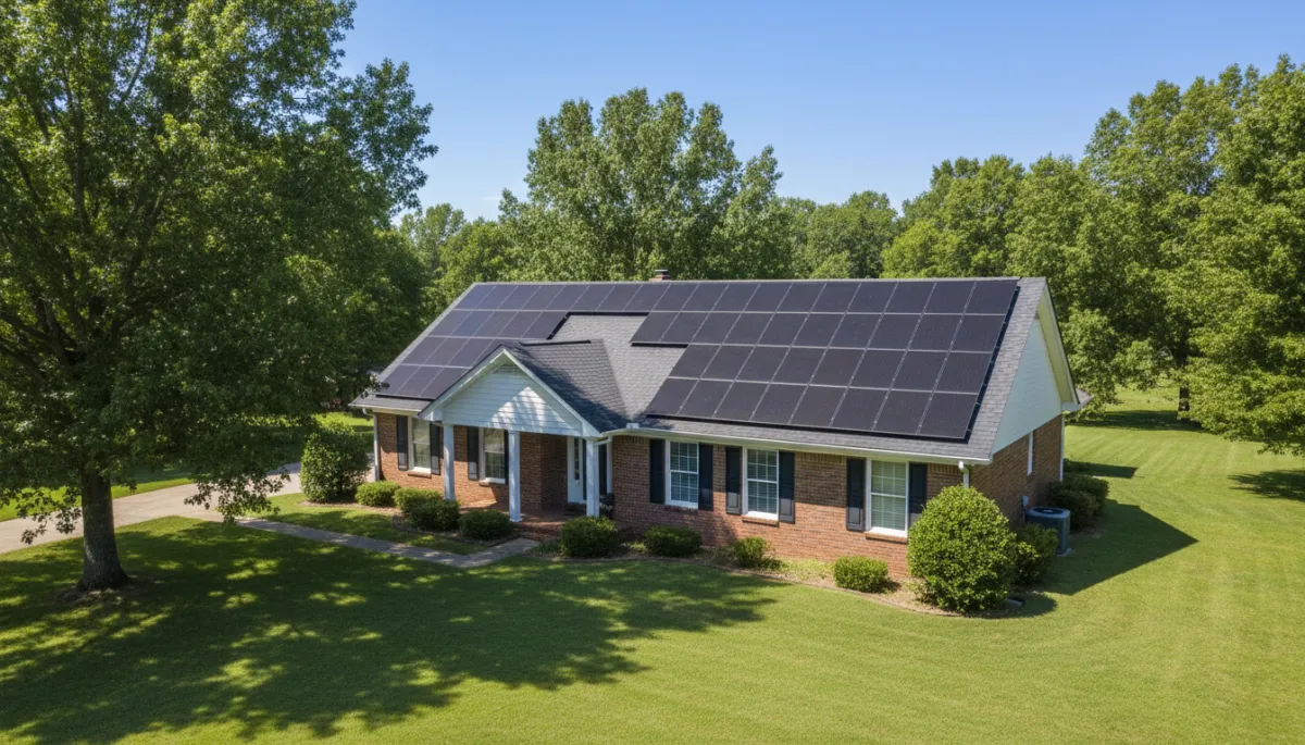 Close-up view of solar panels on a pitched shingle roof of a Southern-style home, bright sun overhead, leafy trees and neighboring houses in the background