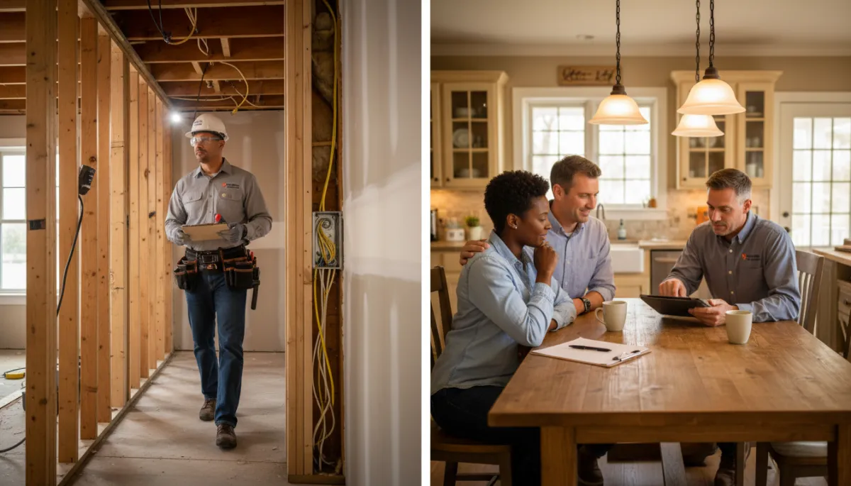 Electrician and homeowner reviewing inspection stickers on HVAC electrical disconnect