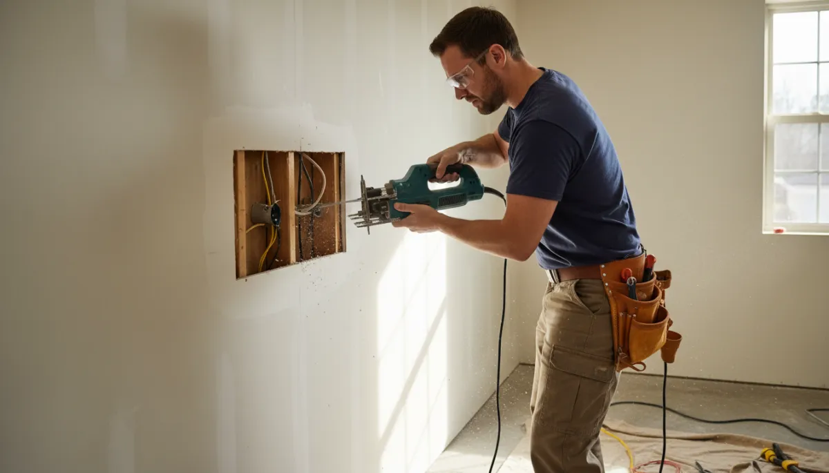 photorealistic neutral-toned scene of a licensed electrician in branded work shirt inspecting an older North American two-column breaker panel in a 1960s Mississippi home, homeowner watching with concern, soft natural light, clean but clearly dated panel enclosure