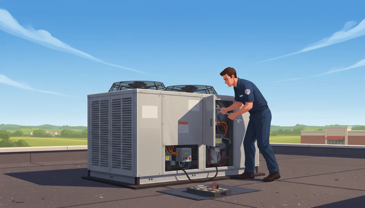 Photorealistic HVAC technician in uniform servicing a large commercial rooftop unit on top of a North Mississippi retail or restaurant building, bright blue summer sky, subtle Southern landscape in background